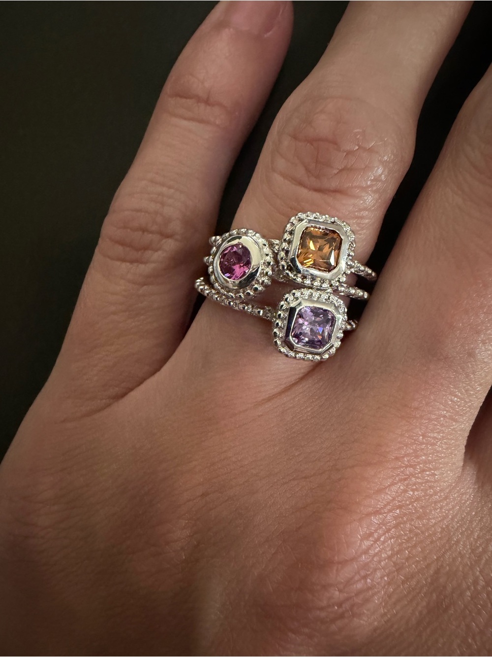Sterling Silver Set of Three Multi Color CZ Ring